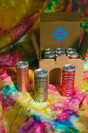 'All Hours' Variety Can Pack group of cans on tie dye background 