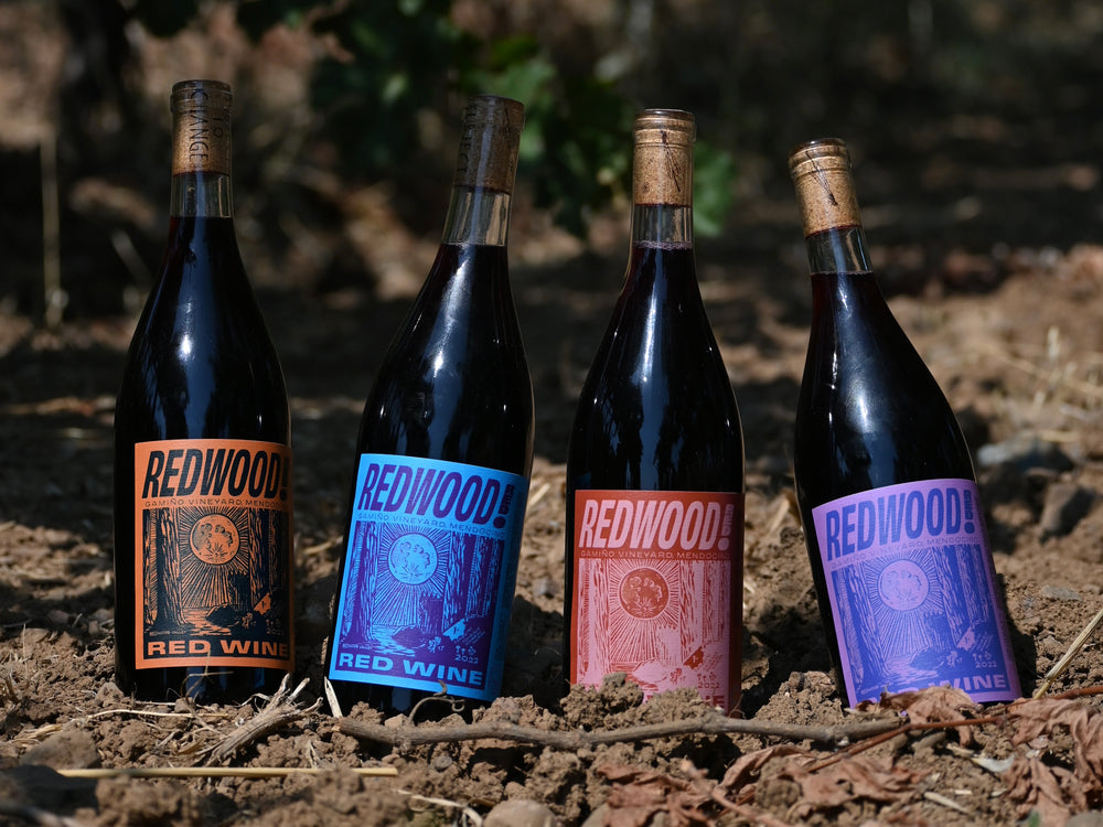 
                  
                    Load image into Gallery viewer, 2022 Gamiño Vineyard &amp;#39;Redwood Red&amp;#39; Red Wine group shot of bottles in the vineyard
                  
                