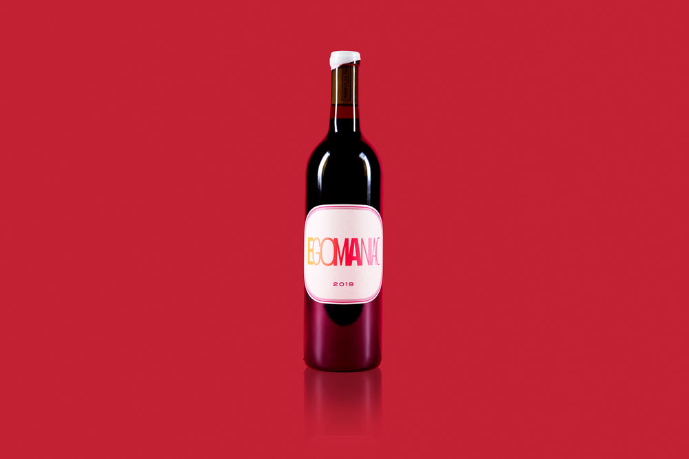 2019 Millen Vineyard 'Egomaniac' Cabernet Sauvignon on red background